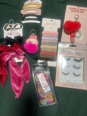 Elastic Hair Tie Set - Multicolor Scrunchie & Clips lashes keychain bundle